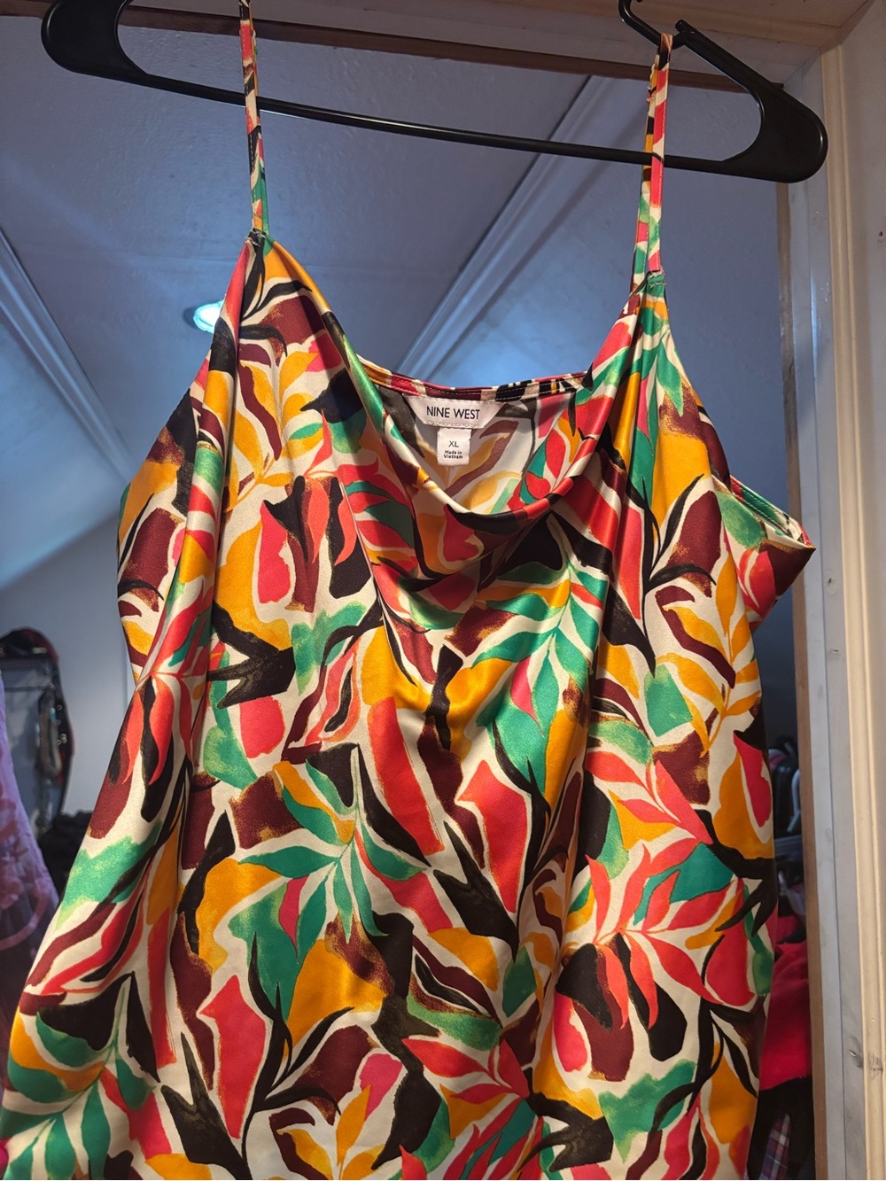 Nine West Multicolor Leaf-Print Satin Cowl Camisole